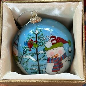 Pier1 Le Bien Snowman ornament. Pristine. In padded embossed original box.